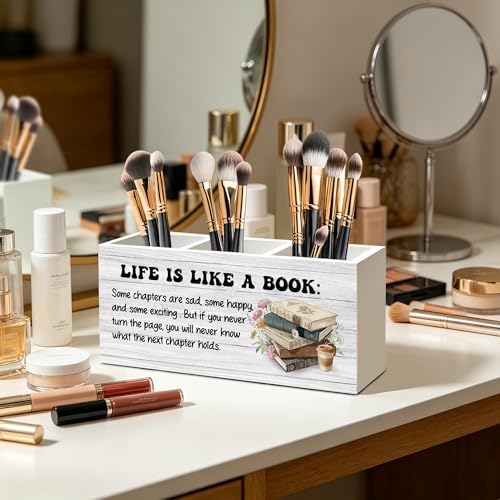 Inspirational Book Lover Gifts Pen Pencil Holder Organizer for Home Office Classroom Desk Accessories, Reader Gifts, Bookish Wood Signs for Reading Nook Corner Room Desk Tabletop Decor - Image 3