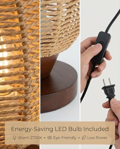 Rattan Table Lamp,Boho Small Beside Lamp,Farmhouse Table Lamp for Room Decor,Vintage Wicker Wooden Nightstand Bamboo Woven End Table Lamps for Bedroom Living Room Desk Kids Room,LED Bulb Included - Image 4