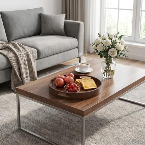 11.8 Inch Rustic Wood Serving Tray with Handles-Small Round, Decorative Tray for Kitchen Living Room Coffee Table Candle Display Breakfast in Bed, Multi-Functional Food & Beverage Tray Farmhouse Style - Image 6
