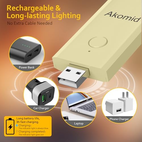 Akomid USB Rechargeable Book Light for Reading in Bed, 8 LEDs Bookmark Style Clip on, Eye-Cared Amber Light Mode for Kids, Blue Light Blocking, Stepless Dimming,Khaki - Image 7