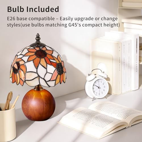12.2" Retro Sunflower Tiffany Small Table Lamp with Wood Base - Image 6