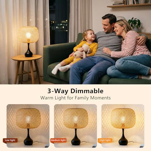 ONEWISH Touch Bedside Lamp for Bedroom, 3-Way Dimmable Table Lamps for Nightstand, Handwoven Bamboo Shade Desk Lamp for Living Room, Home Office - Image 2