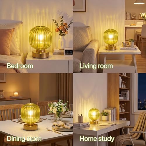 Elenhome Green Touch Glass Table Lamp, 3-Way Dimmable Bedside Lamp, Vintage Mid-Century Modern Small Nightstand Lamp for Bedroom and Living Room, Ambient Mood Lighting, LED Bulb Included - Image 4