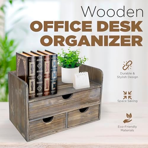 Besti Wooden Office Desk Organizer - Organizing Tool for Desktop, Cubicle, Bedroom, Kitchen - Vintage Style Organization Caddy with Top Tray Shelf & 3 Drawers - 13.6x9x7 Inches (Rustic) - Image 4