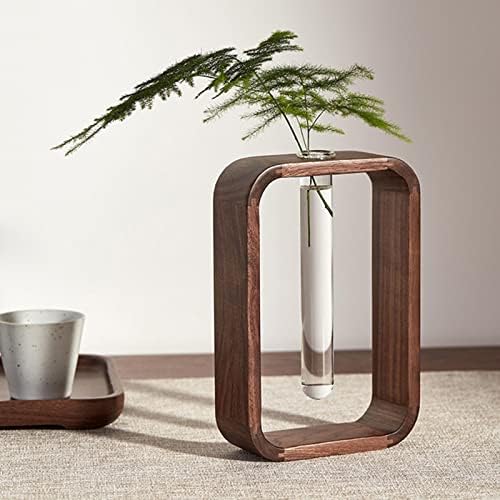 Transprent Glass Vase Test Tube Vase Hydrophilic Plants Vase Plant Holder Walnut Wooden Frame Flower Stand Table Garden Bonsai Decor,Gifts for Women, Home Office Decor Planter (Small) - Image 3