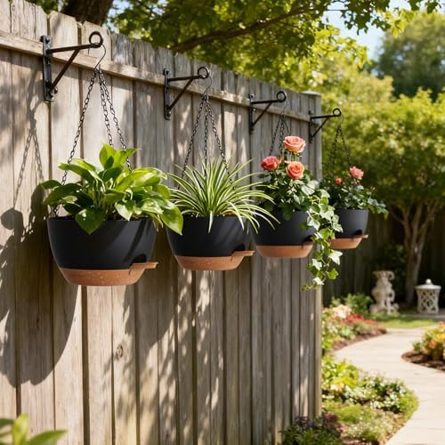 UOUZ 4 Pack 8 Inch Self Watering Hanging Planters for Indoor Outdoor Plants，Hanging Pots for Plants with Drainage Removable Tray, Hanging Baskets Flower Pots for Pothos Spider Garden Black with Brown - Image 6