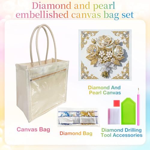 Xylzzuit DIY Pearl Painting Canvas Tote Bag Kit 11.42IN Diamond Art Handbag for Women Shopping Grocery Bag Dots Beads Art Craft Gift (Flower01) - Image 6