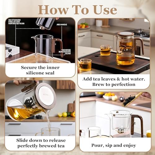 MIIKA Magic Glass Tea Pot with Infuser for Loose Tea – Bottom Dispense Stainless Steel Strainer, Borosilicate Glass, Elegant Tea Scoop, Protective Base and Drip-Free, Easy-to-Clean Design - Image 5