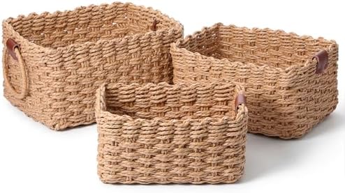 Small Wicker Basket Set of 3, Handwoven Paper Rope Storage Baskets with Leather Handles, Decorative Organizing Bins for Home, Desk, Bathroom & Gifts (Beige) by Unknown