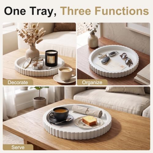 FGU 2 Pack Round Wood Decorative Trays for Coffee Table Home Decor, White - Image 4