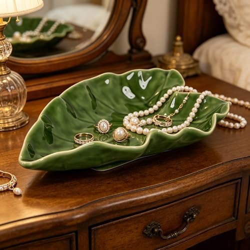 Green Ceramic Leaf Shaped Decorative Dish, 9.5" x 6.7" Multipurpose Tray for Jewelry, Soap, Snacks, Fruit, Boho Farmhouse Home Decor for Bathroom Vanity, Kitchen Counter, Entryway Table (Green) by Unknown