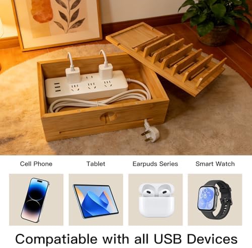 Bamboo Charging Station Organizer for Multiple Devices with 5 Cables - Image 4