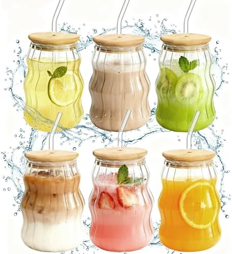 6 Packs Cute Glass Tumbler with Lid and Straw 16 oz Cute Ice Coffee Cup Set Bulk Vasos de Vidrio Con Tazas Para Cafe Cocina Accesorios Home Bar Accessories New Home House Warming Gift Kitchen Stuff by Unknown