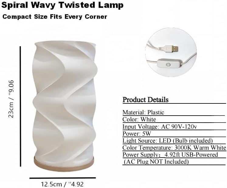 Spiral Wavy Table Lamp, 3000K Warm White Small Night Light, Modern Decorative Desk Lamp for Bedroom Nightstand, Aesthetic Room Decor Accent, White - Image 2