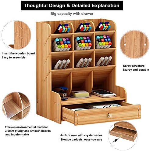 Marbrasse Wooden Desk Organizer, Multi-Functional DIY Pen Holder, Organizer for desk, Desktop Stationary, Easy Assembly, Home Office Art Supplies Storage with Drawer (B11-Cherry Color) - Image 4
