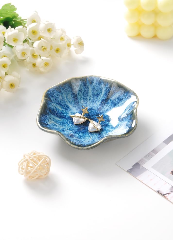 2PCS Lotus Leaf Shape Ring Holder Dish, Small Key Bowl, Ceramic Trinket Tray Jewelry Dish Organizing Necklace Earrings for Mom Friend Sister, All Jewelries Are NOT Included. White+Light Blue. - Image 3