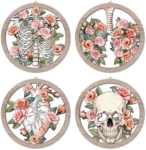 HPNIUB Medical Human Anatomy Wall Decor, Farmhouse Medical Anatomical Hanging Wooden Wall Art, 4 Pieces 9.84''x9.84'' Pink Floral Heart Skull Anatomy Wood Sign for Nursing Doctor Room Living Room by HPNIUB