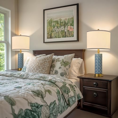Set of 2 Table Lamp for Living Room Bedroom Farmhouse,26'' Touch Control Bedroom Aqua Blue Ceramic Lamps 3-Way Dimmable Bedside Lamps with USB A+C Ports Linen Shade for Home - Image 3