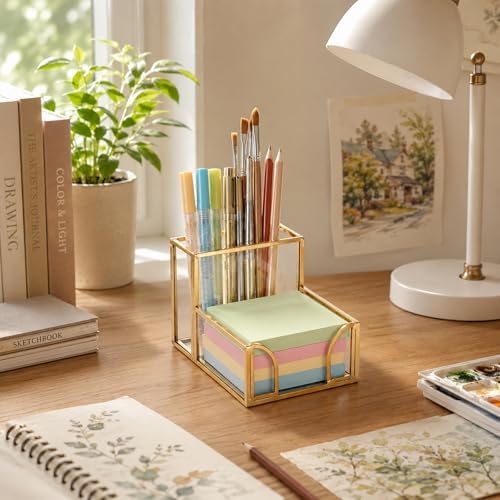 Feyarl Gold Glass Note Holder with Pen Pencil Cup 3x3 Inch Sticky Notes Desk Organizer Markers Pen Storage Desktop Accessory for Office Home Classroom - Image 4