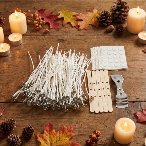 Candle Making Kit – 100 Pre-Waxed Wicks (6 Inch/15cm), 100 Wick Stickers, 5 Wooden & 1 Metal Cantering Device Holder – Low Smoke Cotton Core for Soy & Beeswax DIY Candle Crafting - Image 2