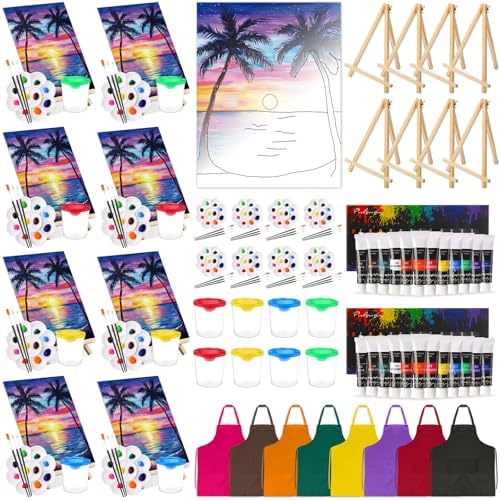 Cholemy 8 Set Paint and Sip Kit for Adults 8'' x 10'' Pre Drawn Canvas with Wooden Easels Acrylic Paint Brushes Wash Cup Palette Apron for Painting DIY Date Night Party Supplies(Sunset) by Cholemy