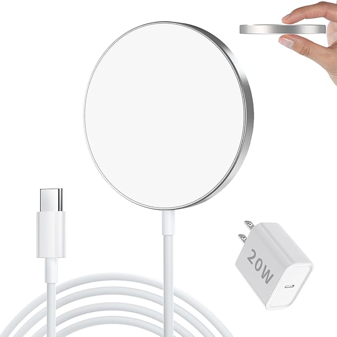 Magnetic Wireless Charger with 20W USB C Wall Charger Block, 15W Fast Charging Pad for iPhone 17 16 15 14 13 12 Air Pro Plus Max & AirPods 2 3 Pro, Slim Light Portable Magnet Quick Charger, Silver
