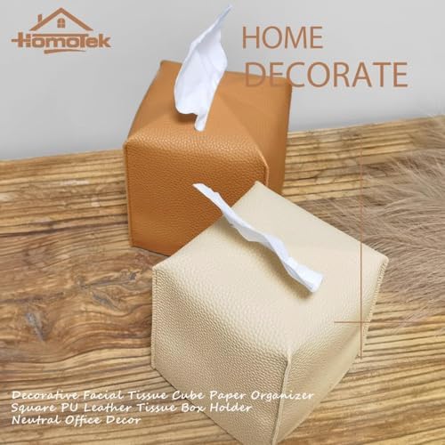 HOMOTEK 1 Pack Tissue Box Cover, Square PU Leather Tissue Holder, Decorative Facial Tissue Cube Paper Organizer Dispenser for Bathroom, Night Stands, Desk, Car 5X5X5'' - Beige, Pebble Grain - Image 6