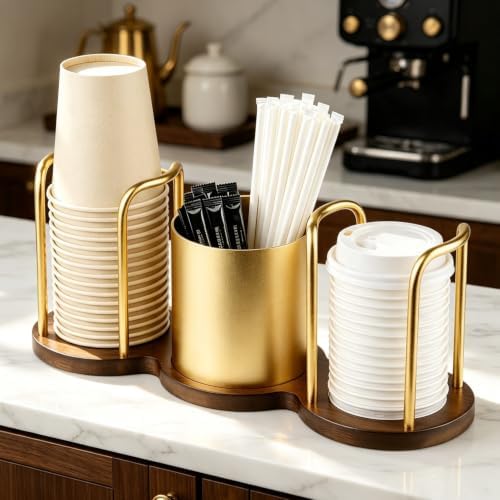 Coffee Cup Dispenser with Straw & Stirrer Storage Container (Gold,S) by Keweis