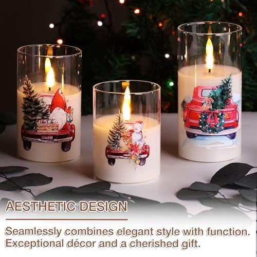 Eywamage Christmas Glass Flameless Candles with Remote, Flickering LED Pillar Candles Holiday Table Decor Gift Set of 3 - Image 6
