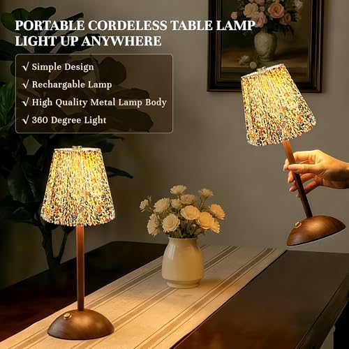 Small Vintage Cordless Table Lamp, Rechargeable Battery Operated Lamp with 3 Color Temperatures Stepless Dimming, Floral Bedside Nightstand Lamp for Bedroom, Living Room, Coffee Table, Bookshelf - Image 2
