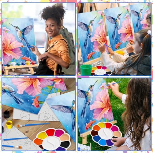 Motipuns 6 Set Pre Drawn Canvas for Painting for Adults Sip and Paint Kit with Easels 8 x 10 Inches Paint Party Kit with Printed Canvas Paints Brushes Palette Apron(Hummingbird) - Image 6