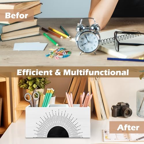 DILSJ Boho Abstract Sunshine Pen Pencil Holder Organizer for Desk, Boho Office Decor, Black and White Mid Century Modern Minimalist Sunshine Wooden Box Signs for Home Office Desk Tabletop Decoration - Image 6