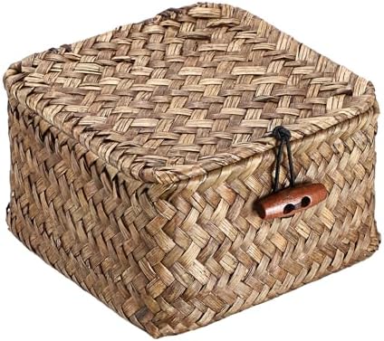 Hipiwe Handwoven Seagrass Basket Bin Small Decorative Shelf Basket Boxes with Lid Wicker Storage Baskets Bins Multipurpose Table Organizer for Key Home Decor, 4.7"L x 4.7"W x 3"H by Hipiwe