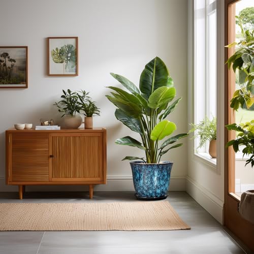10 Inch Plant Pot - Ceramic Planter with Drainage Hole and Saucer, Round Flower Pots for Indoor Outdoor, Modern Decorative Planter for Plants, Home Office Decor, Plant Lover Gifts, Blue - Image 3