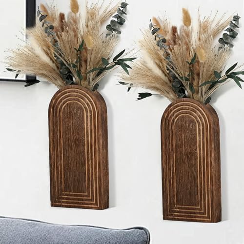 Set of 2 Wooden Wall Vases with Dried Pampas Grass & Eucalyptus, Boho Farmhouse Decor for Living Room, Entryway, Bathroom, Rustic Home Art(Dark Brown) by Zipper