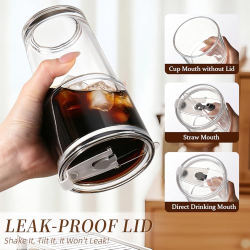 Iced Coffee Cups with Lids 2Pcs: Coffee Bar Accessories - Glass Tumbler with Straw and Lid 20oz - Vintage Glass Cups with Lids and Straws - Tumbler Leak Proof Aesthetic Drinkware for To Go Iced Coffee - Image 4