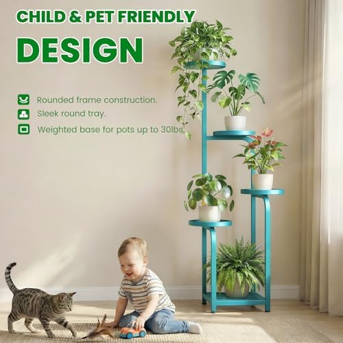 TOSKING Tall 5-Tier Square Meta Plant Stand Indoor Outdoor, Anti-Tip, Blue - Image 7