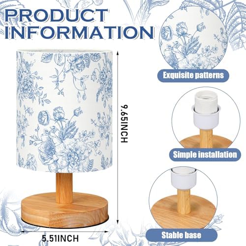 VIHOSE Bedside Table Lamp Table Lamp Vintage Nightstand with Linen Fabric Shade Solid Wood Base Decoration for Kids Living Room Bedroom Desk Dorm(Blue Floral,Blue) - Image 3