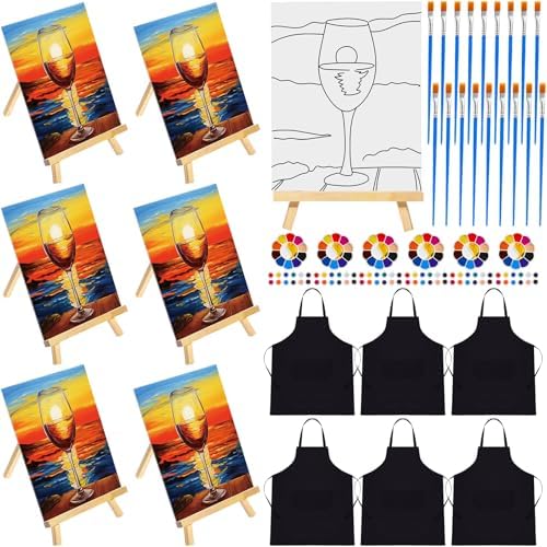 Motipuns 6 Set Pre Drawn Canvas for Painting for Adults Sip and Paint Kit with Easels 8 x 10 Inches Paint Party Kit with Printed Canvas Paints Brushes Palette Apron(Sunset with Wine Glass) by Motipuns