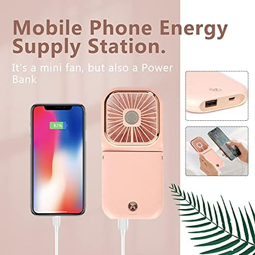 Portable Mini Fan Small Battery Operated Fan 5 in 1 as Power Bank,Phone Holder,Handheld Fan,Desk Fan, USB Rechargeable Personal Hand Fans,3000 mAh Power Bank,3 Speed Adjustable, Neck lanyard, Pink