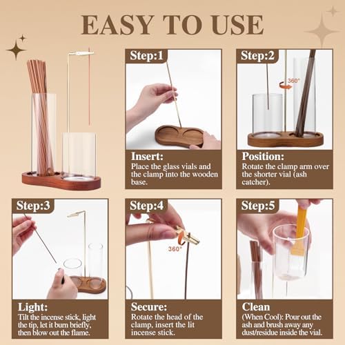2 in 1 Incense Holder for Sticks with Glass Ash Catcher, Upside Down Anti-Ash Incense Stick Burner for Outdoor Patio, Modern Vertical Incense Holder for Home Decor, Spa, Meditation and Reddish Brown - Image 3