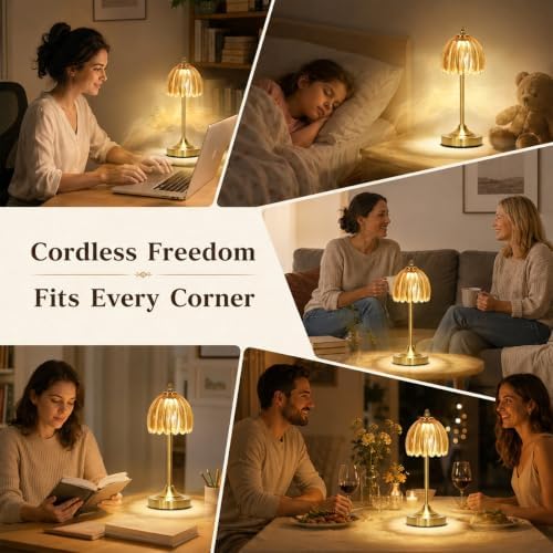 Glass Tulip Table Lamp, Cordless Rechargeable Desk Lamp - Amber - Image 4