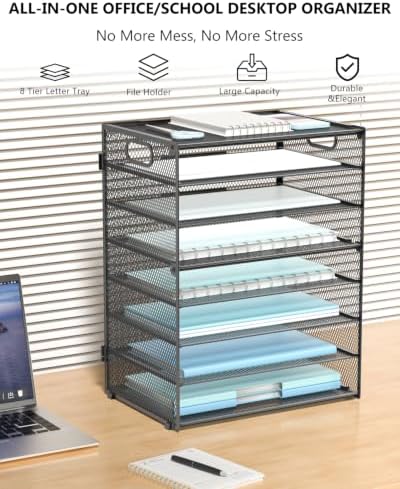 WALI Desk File Organizer, 8 Tier Desktop Paper Letter Tray Organizer with Handle, Office Desk Accessories & Workspace Organizers for Office, Home, School Supplies, 1 Pack, Black - Image 3