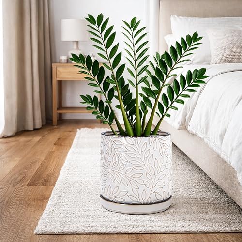 D'vine Dev Embossed Leaves Ceramic Planter, 10 in, Smoked White, 27-A-P-1 - Image 2