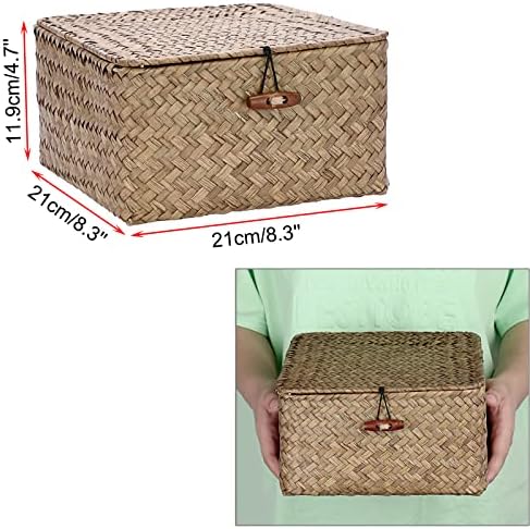 Hipiwe Small Wicker Shelf Baskets Handwoven Seagrass Storage Bin with Lid - Image 5