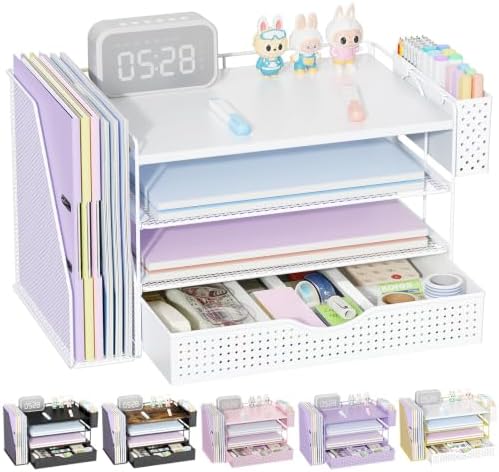gianotter Wood Desk Organizers and Accessories with File Holder, 4-Tier Desk Accessories & Workspace Organizers with Drawer and Pen Holder, Desk Reference Organizer (White, 4T with Drawer) by gianotter