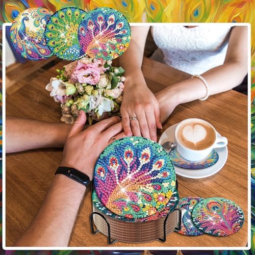 Demonwer 8 Pcs Diamond Art Painting Coasters Kits Cute Peacocks Diamond Art Coasters with Holder DIY Diamond Animal Coaster for Beginner Adults Home Table Craft Gift Supplies - Image 5