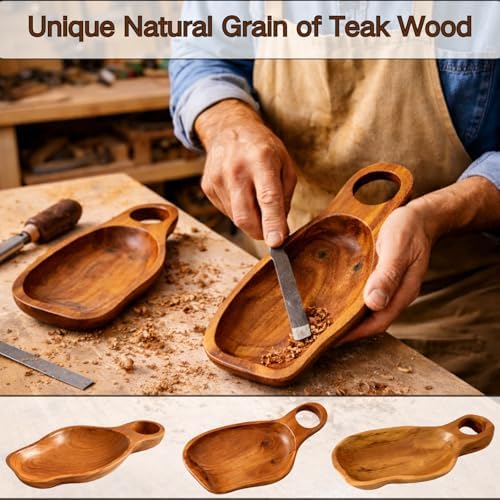 Solid Teak Wood Serving Tray - 12.2" Handcrafted Curved Platter with Handle for Entryway Key Catchall, Kitchen Coffee Station & Party - Image 5