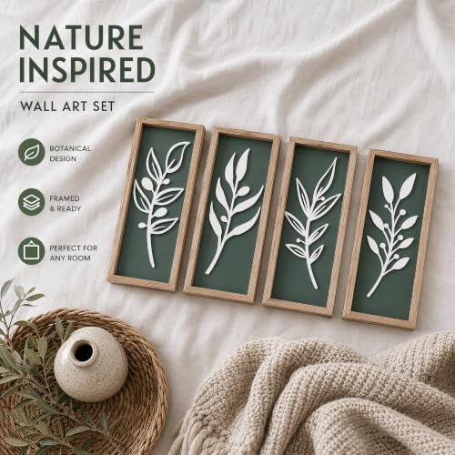 3D Tree Leaf Boho Wall Art, Sage Green, Wooden Framed, Set of 4 - Image 4