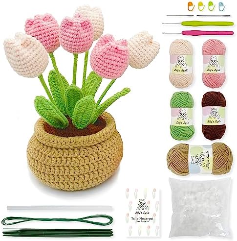 Lily's Lyric Flower Crochet Kit | Tulip Flowerpot | Step-by-Step Video Tutorial for Adults Teenagers | DIY Home Decoration Craft Gift Idea Pink by LilysLyric